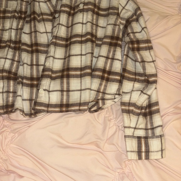 brown and cream American Eagle cropped Flannel - Picture 1 of 5